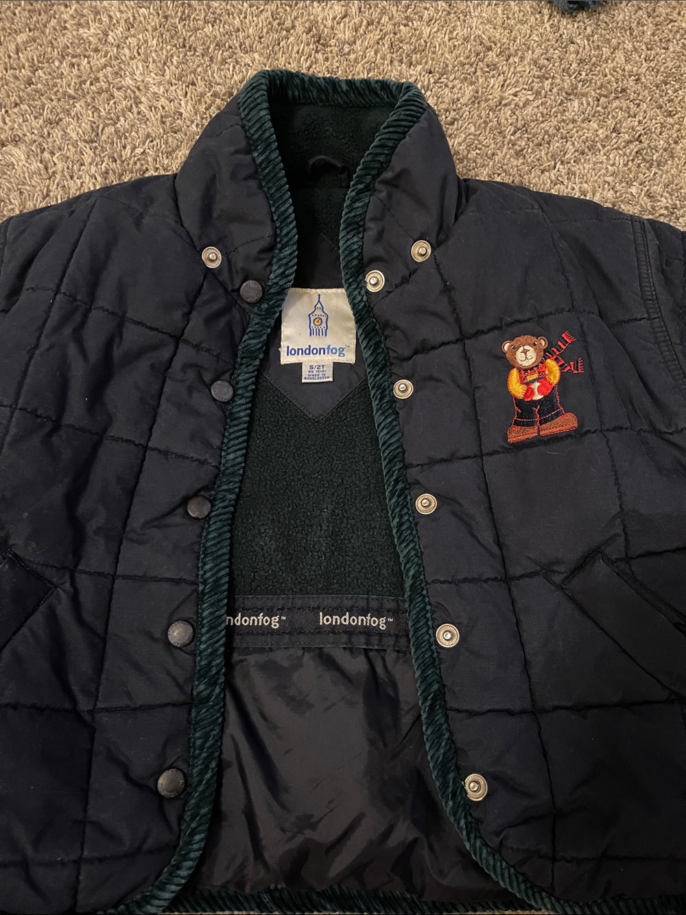 London Fog Navy Quilted Kids Jacket with Bear Embroidery thick winter coat 2T